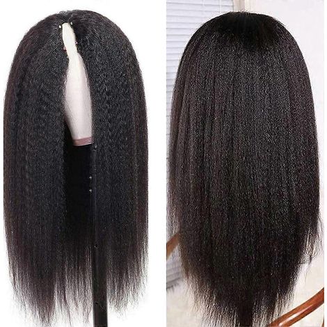 Perruque synthétique à raie en V, cheveux crépus lisses, résistante à la chaleur, pour femmes noires, style Yaki, perruques quotidiennes de 30 à 66 cm (12 à 26 pouces).