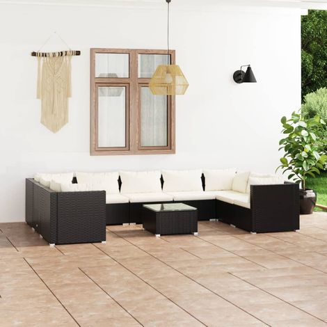 Salon de jardin 10 pcs Ensemble Table et Chaise de Jardin - avec coussins Résine tressée Noir BV544486 - BonneVie (1/5)