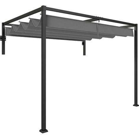 Pérgola de jardín adosada a la pared, 297x211x220 cm, con zona de comedor, techo retráctil y estructura de acero para patio o terraza, color gris oscuro (1/5)