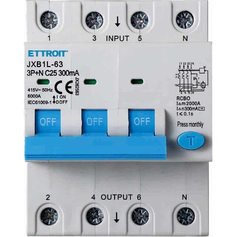 ETTROIT Disjoncteur différentiel 3P+N 25A 300mA 380V-6KA 4 MODULES JX262563 (1/3)