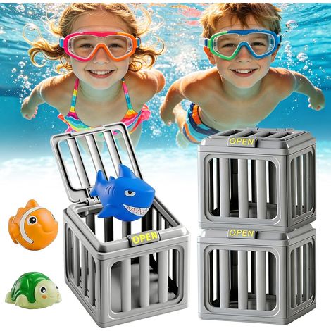 Jouet de Plongée et de Sauvetage sous-Marin, Figurines d'animaux Colorés, Jouet de Piscine, Cage de Piscine avec Animaux Flottants, Baignoire d'été，Gris-3 (1/5)