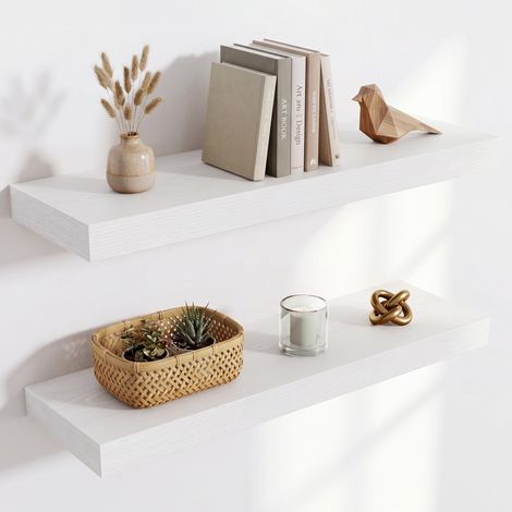 Étagère Murale en Bois, Version Extra résistante, Longueur 60 cm, Tablette Murale pour Salon, Salle de Bain, Chambre, Cuisine, Blanc, Lot de 2 (1/5)