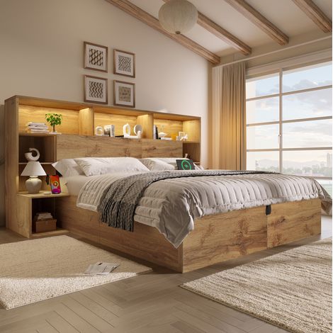 Boxspringbett 180x200 cm mit LED, USB-C, integrierten Nachttischen, Eiche OKMYHOME (1/5)