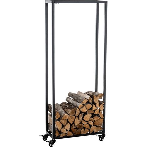 Range-bûches étagère support bois de cheminée sur roulettes 150x40x25 cm en métal noir 100003529 (1/5)