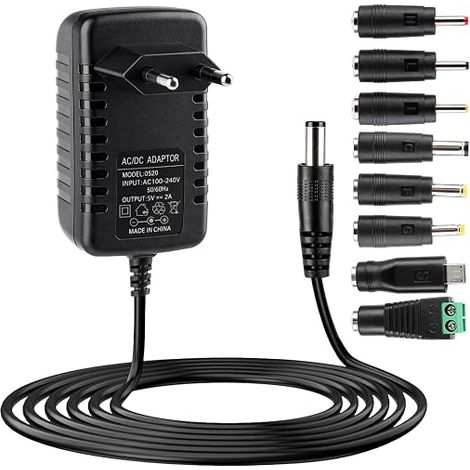 AC Adapter 5V 2A 10W AC/DC 110-240V, DC Plug 0.5x0.3cm 7 Tips (1/5)