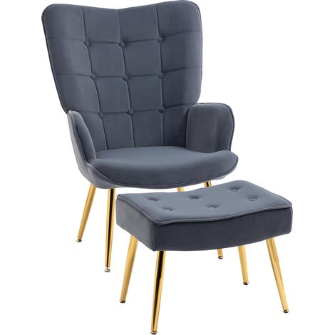 Fauteuil avec repose-pied, fauteuil salon capitonné avec dossier haut, pieds en acier doré et tissu velours, gris foncé (1/5)