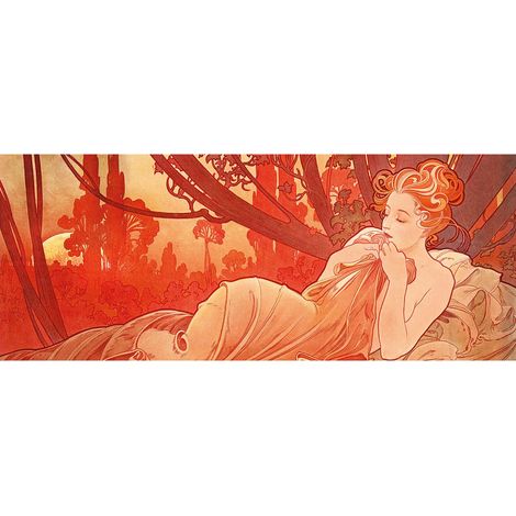 Tableau original femme dans la forêt | Tableau sur toile arbre et femme rouge et orange pour chambre | Tableau automne coloré - 1,0 x 0,4 m (1/2)