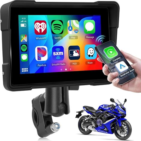 Drahtloses Carplay-Display für Motorräder, 5-Zoll-Carpuride-Motorrad-Touchscreen, IP67 wasserdicht mit Android Auto Airplay/Android Cast/Bluetooth/Sprachsteuerung/AUX/USB/EQ/SD