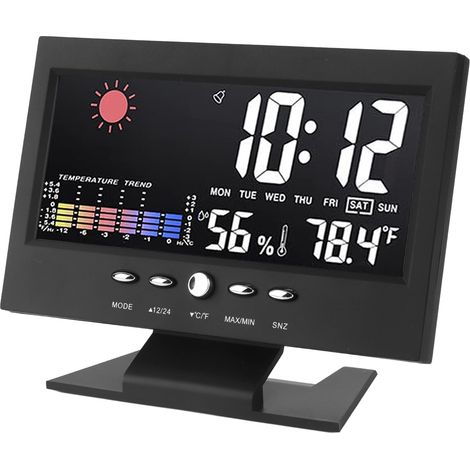 Horloge météo ABS, écran LED couleur, multifonction, réveil avec affichage de la température et de l'humidité, noire (1/5)