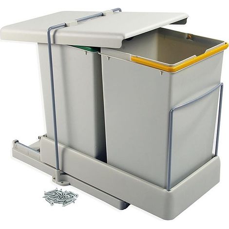 [JAMAIS UTILISÉ] Emuca – Poubelle de recyclage automatique 2 conteneurs 14L – Extraction et couvercle automatique – Fixation inférieure – Plastique gris (1/4)