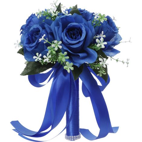 Bouquet De Mariée Artificiel Bleu, Bouquet De Fille D'Honneur En Roses Réalistes De 20 Cm Pour Cérémonie Et Anniversaire-KZQ (1/4)