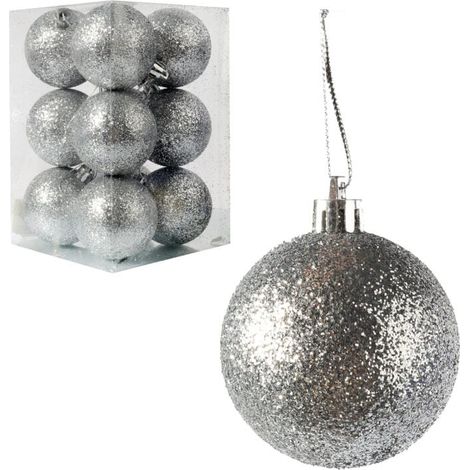 Set di 12 palline di Natale glitterate argento - Decorazioni natalizie 6 cm (1/5)