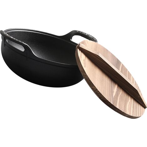 Marmite en fonte avec couvercle en bois, ragoût antiadhésif, batterie de cuisine traditionnelle, double poignée pour table de cuisson à induction, cuisine de Camping, noir. (1/5)