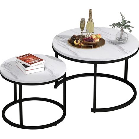 Lot de 2 tables basses rondes gigognes en MDF effet marbre blanc, structure métal, design moderne gain de place pour salon et petits espaces - CHICFURN (1/5)