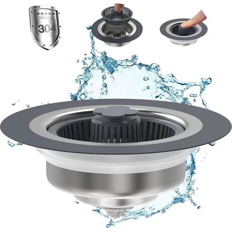 Juego de 1 pieza de colador de desagüe para fregadero de cocina 3 en 1 con tapones, cesta coladora emergente antiobstrucción para desagüe de cocina estándar estadounidense de 3-1/2 pulgadas. (1/5)