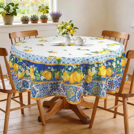 Nappe ronde motif citron, lavable, Ø 180cm