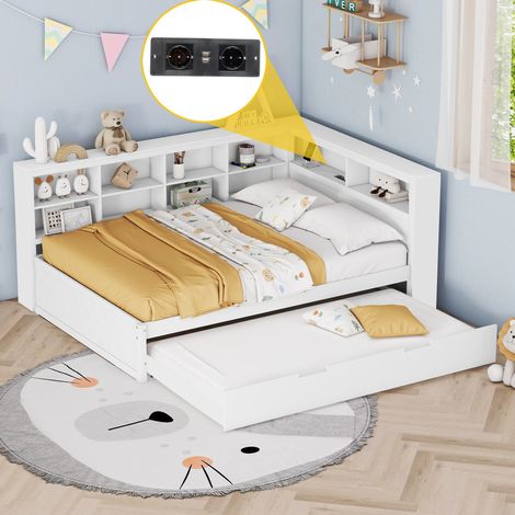 Letto estraibile 140x200cm spazio archiviazione ricarica USB multifunzionale legno bianco bambini adulti(Senza materasso)