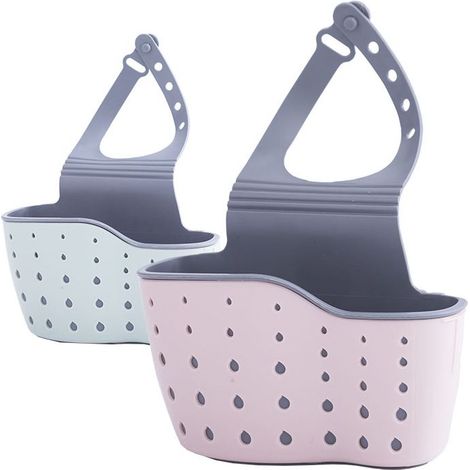2PCS Support d'Évier Suspendu, Éponge à Savon Égouttoir Panier Suspendu, Panier Suspendu de Type Égouttoir, Panier Évier Rack, Porte Éponge en Caoutchouc, pour Cuisine, Bains,Lavabo(Rose, Bleu) (1/4)
