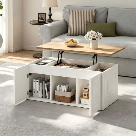 Table basse relevable 95 x 46 x 45 cm bois naturel, hauteur réglable jusqu'à 59 cm, avec 2 portes, design épuré – pour salon, canapé et bureau (1/5)