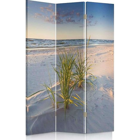 Paravent Décoratif Plage et Herbes Marines 3 Panneaux - 110 x 180 cm - 1 face déco, 1 face noir