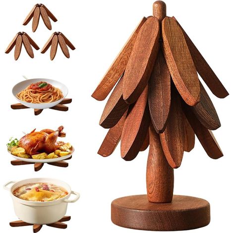 Dessous de plat pliable en bois avec support en forme d'arbre de Noël pour casseroles, poêles, bols et théières (1/5)