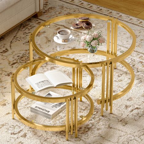Mesa de centro clásica con tablero de vidrio dorado titanio y estructura dorada (1/5)