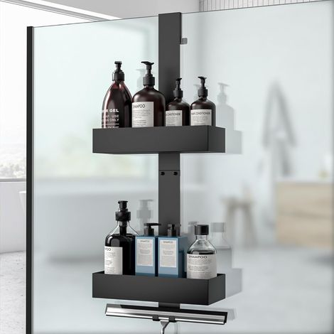 1 Étagère Douche Suspendue, Métal Noir, 2 Niveaux, Porte Shampoing, Pour Porte Verre