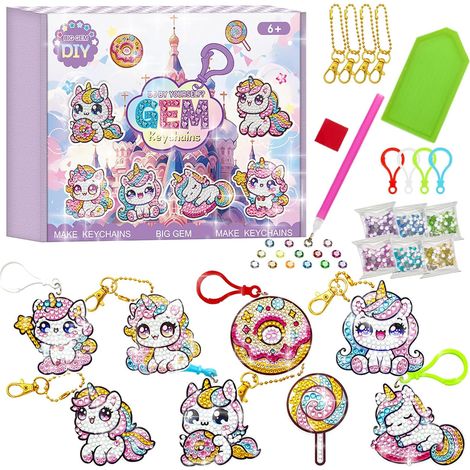 8pcs 5D Diamond Painting Porte-clés, Gem Art Pendentif Kit de Bricolage Diamond Painting Keychain Kits Adulte DIY Licorne Diamant Pendentif Ornements Anniversaire Cadeau Filles Adulte (1/5)