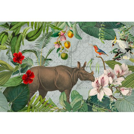 Papier peint panoramique multicolore animaux Tapisserie panoramique exotique avec rhinocéros Papier peint panoramique tropical fleuri idéal chambre (1/2)