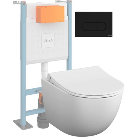 Pack WC suspendu VITRA Sento blanc mat + bâti autoportant V-Fix Core + Plaque Round noir mat