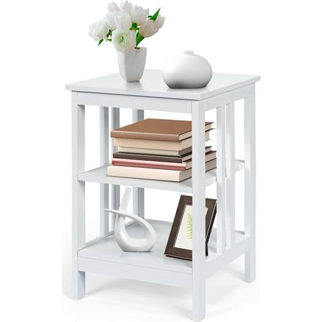 GOPLUS Comodino Camera, a 3 Ripiani, Mobiletto Multifunzione in Legno, Superficie Impermeabile, Carico 10+5+5 kg, 40x40x61 cm (Bianco)
