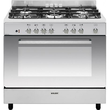 Glemgas – Gazinière piano de cuisson 90cm – 5 foyers gaz – Multifonction 104L – Chaleur tournante – Nettoyage catalytique – Inox