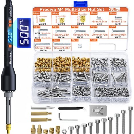 Outil M4 Inserts Filetés Laiton Insertion Thermique Pour Impression 3D Fer Souder 60W 220-450°C, Kit Insert Laiton M4 286 Pièces Pour Impression 3D, 95 Écrous+95Vis+95Capuchons (1/5)