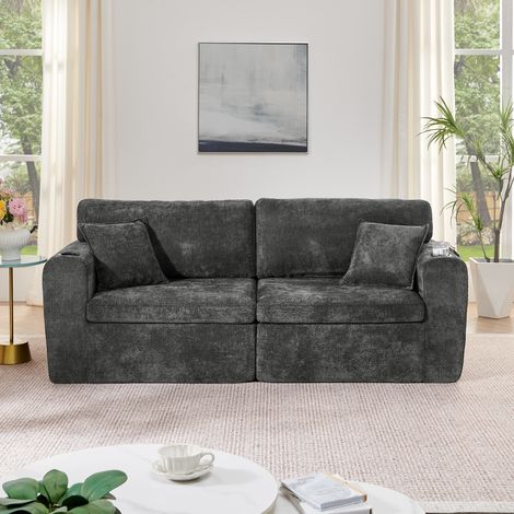 Canapé relax 2 places pour petits espaces, tissu chenille doux, poche latérale, porte-gobelet, coussins inclus, noir – salon, bureau, chambre d'amis (1/4)