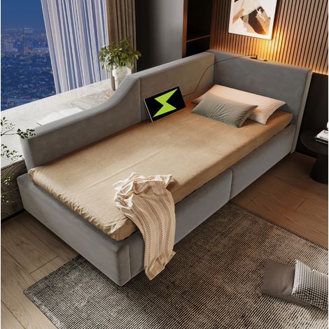 DESVIAE Lit de jour rembourré avec rangement hydraulique et lampe de lecture port USB C 90 x 190 cm velours gris cadre en métal sommier à lattes en bois (1/5)