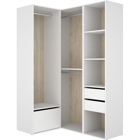 Armoire d'angle dressing ouverte avec 2 penderies avec 2 tringles, 4 étagères, 2 tiroirs et 1 porte chaussures, coloris blanc/naturel - Hauteur 204,5 x Longueur 124 x Profondeur 84 cm (1/4)