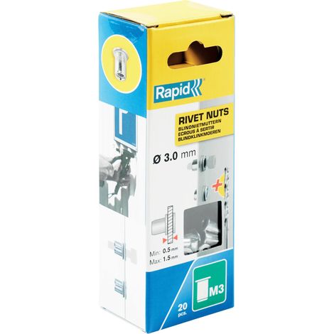 RAPID - M3 - Ecrous à sertir pour vis Ø3mm, fixation métalique solide - Blister 20 + forêt - (5000670)