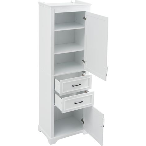 Meuble colonne de salle de bain en MDF 60 x 40 x 180 cm, avec deux tiroirs, deux armoires, quatre compartiments, étagères réglables, charnières à fermeture douce, poignées noires, design épuré, blanc (1/5)