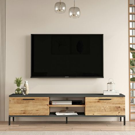Meuble TV moderne décor bois et gris 2 portes 2 niches JENA