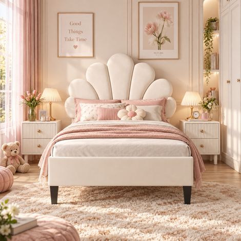 Lit enfant 90x200 cm, lit simple 90x200 cm avec sommier à lattes, tête de lit réglable en forme fleur, lit fille, cadre de lit, Velours, Beige (1/5)