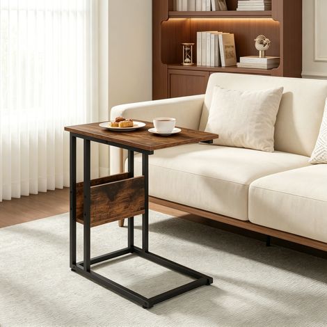 Table d'appoint en bois et métal 55x36x59,5 cm marron rustique, forme en C avec rangement latéral (1/5)
