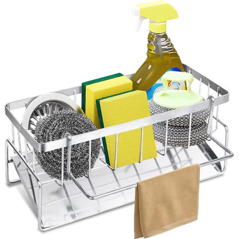 Organizer per lavello da cucina in acciaio inossidabile argentato con stendibiancheria, organizer per lavello da cucina, cestino per piatti per accessori da bagno (1/5)