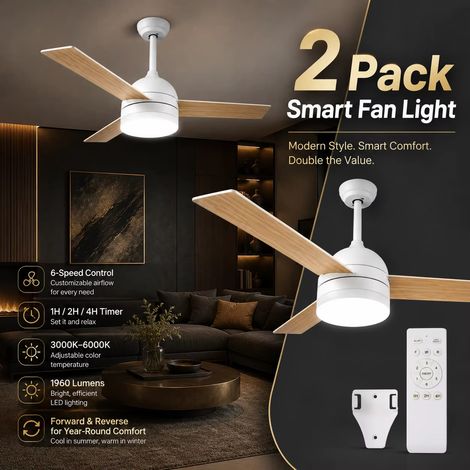 Lot de 2 Plafonniers Ventilateurs LED avec Télécommande, 1960 lm, 3000K-6000K, 6 Vitesses, Fonction Réversible, Minuterie, Éclairage Intérieur (1/5)