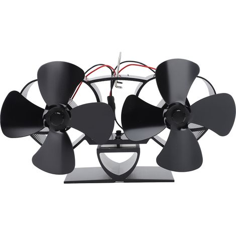 Ventilateur de cheminée à 4 pales en aluminium alimenté par la chaleur – pour poêle à bois et kerosène (remplacement, double tête, noir)
