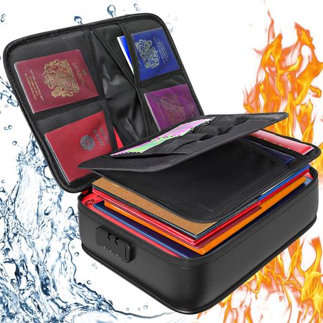 Feuerfester Safe mit Schloss, große feuerfeste Tasche für Geld, Reisepass, wichtige Urkunden, hochwertiges Material, 36 x 27 x 10 cm, mit mehrschichtiger Organizer-Tasche