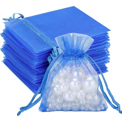 Sacs Organza - 50 Pièces - Bleu - 7x9cm - Cordon De Serrage - Pour Bijoux Et Cadeaux (1/5)