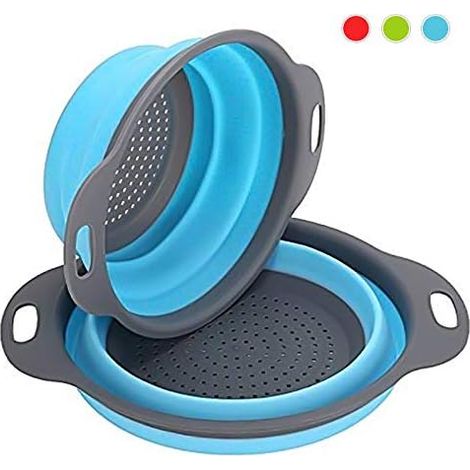 Colador Plegable MINKUROW, 2 Piezas, Colador Plegable De Silicona, Colador Plegable, Colador De Cocina, Pasta Ordenada Passa (Azul) (1/4)
