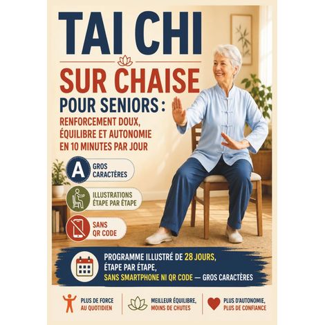 Tai Chi sur Chaise pour Seniors : Renforcement Doux, Équilibre et Autonomie en 10 Minutes par Jour: Programme Illustré de 28 Jours, Étape par Étape, Sans Smartphone ni QR Code — Gros Caractères