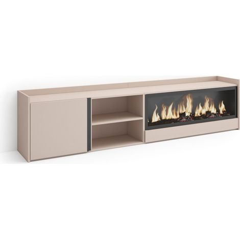Skraut Home - TV-Schrank, Lowboard, für Wohnzimmer und Esszimmer, 212x35x50cm, Für TV-Geräte bis zu 80", Elektrokamin XXL, Moderner Stil, Beige