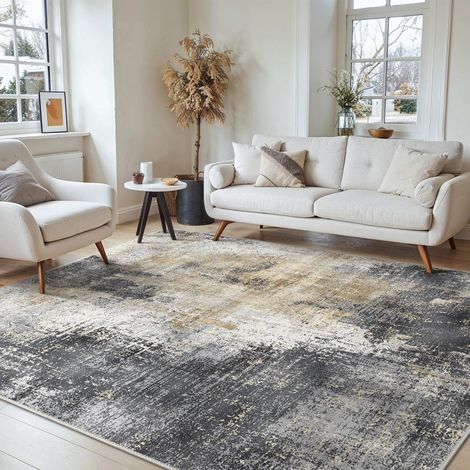 Tapis Salon Résumé 200x290cm Lavable en Machine Rug Grand AntidéRapant Poil Ras, pour Chambre Salle a Manger Descente de Lit Bureau, Cuisine, Gris et Or (1/5)